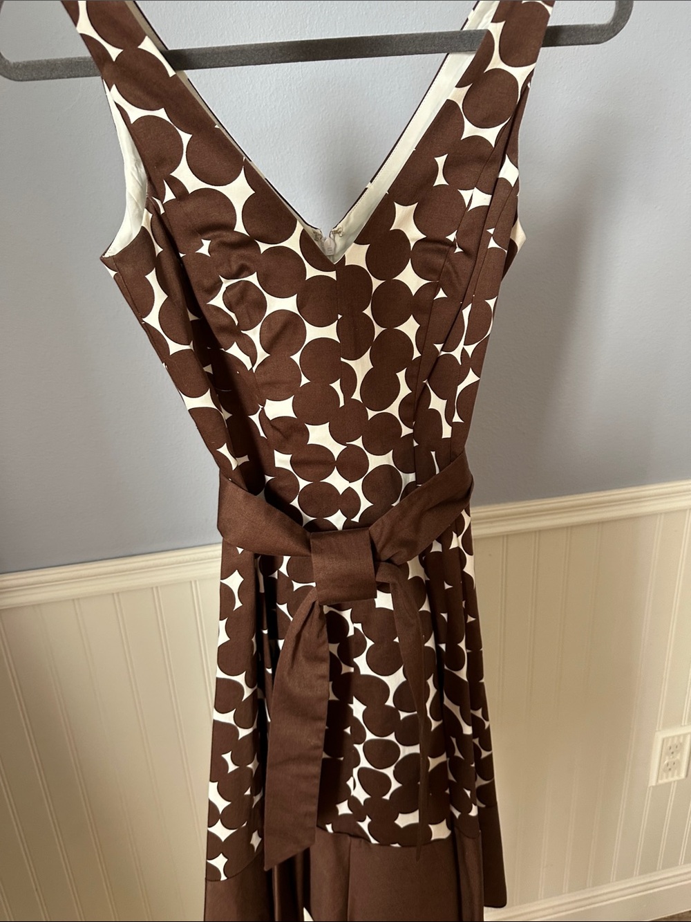 Nine West Brown and White Polka Dot V-Neck Fit-and-Flare Dress with Waist Tie